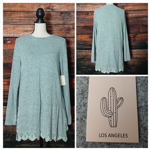 NWT Cactus + Pearl Top M Hacci Tunic Soft Knit Mint Green Lace Trim